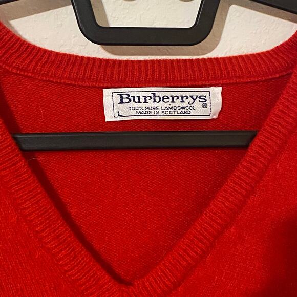 Vintage Burberry Lamb Wool Red Long V Neck Sweater Made in Scotland Size Large - Picture 4 of 6
